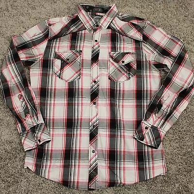 BKE Buckle Shirt Men Medium White Standard Fit Plaid Western Cowboy Pearl Snap • $4