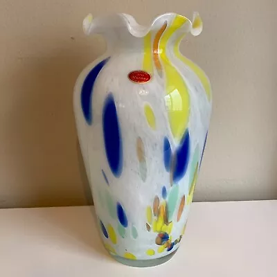 Murano Lavorazione Hand Blown Ruffle Vase Blue Yellow White Arte Made Italy MCM • $119