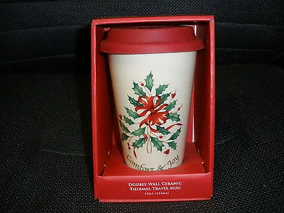 Lenox Double Wall Ceramic Thermal Travel Mug Comfort And Joy Red Holly Nip 12 Oz • £14.24