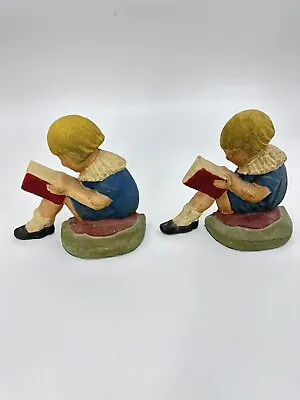 Antique BOOKENDS  Cast Iron GIRL Blue Dress Short Hair Reading Book Old Vintage • $112