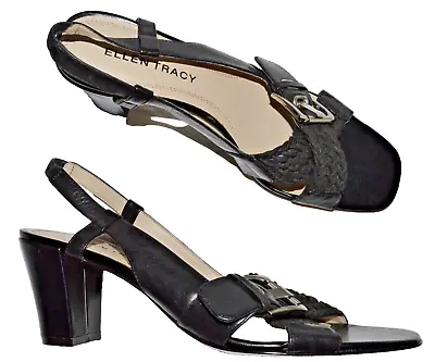 Ellen Tracy Journey New Size 8 M Black Leather Slingback Sandals Heels Shoes • $14.99