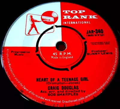 Craig Douglas Heart Of A Teenage Girl 7  UK ORIG 1960 Top Rank JAR-340 VINYL • £1.99
