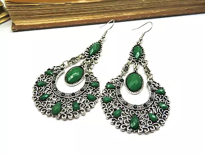 Chunky Silver Tone Green Simulated Stone Middle Eastern Style Dangle Earrings M9 • $17.84