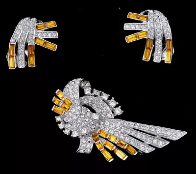 Vintage Topaz & Clear Mazer Jomaz Brooch Pin & Earrings Set • $65