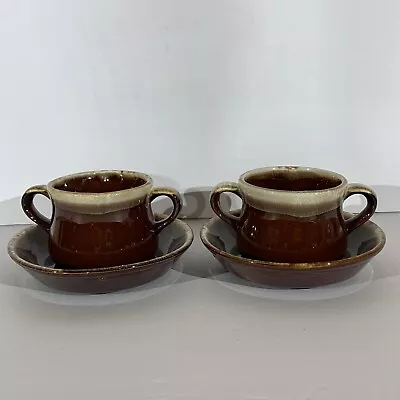 Lot Of 4 Vintage McCoy Brown Drip Glazed Double Handle Soup Coffee Mug Cups Dish • $24.99