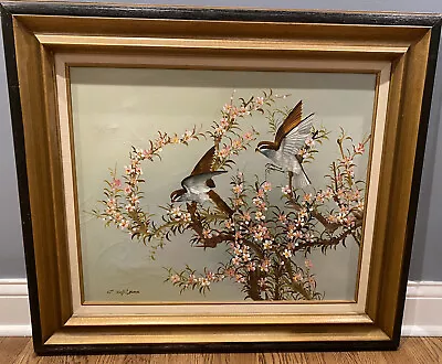 Vintage OIL PAINTING 2 BIRDS Pink FLOWERS On Canvas Signed 32 X 28  • $245.40