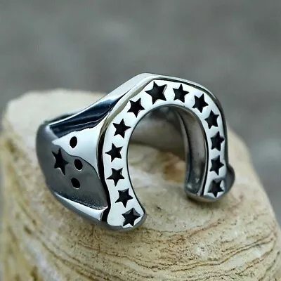 Vintage Lucky Star Horseshoe Ring Stainless Steel Biker Wedding Band Size 7-13 • $12.98