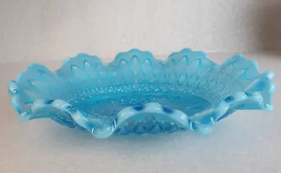 Victorian Blue Pearline Glass Dish - Ruffled Pressed Opalescent Davidson/Fenton? • £15