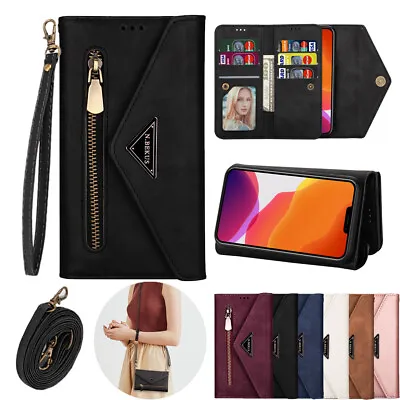 For IPhone Leather Zip Card Wallet Phone Case Cover With Crossbody + Wrist Strap • £10.79