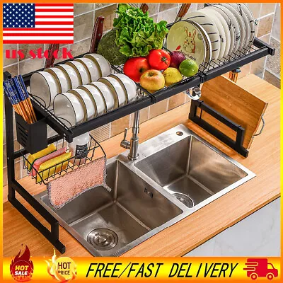 Over Sink Dish Drying Rack 2-Tier Stainless Steel Cutlery Drainer Kitchen Shelf • $39.48