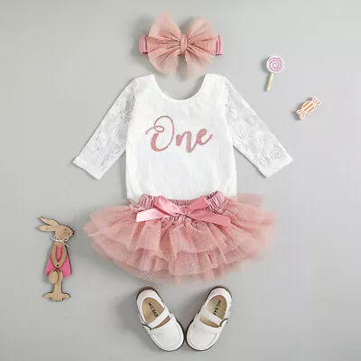 Girl's Baby First 1st Birthday Party Outfit Tutu Skirt Dress Headband Cake Smash • $27.26