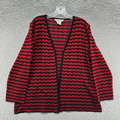 Misook Cardigan L Red Striped Open Long Sleeve Career Sweater Jacket Top • $29.99