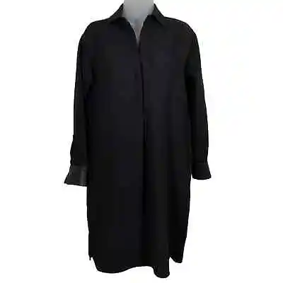 VINCE Faux Leather Trimmed Long Sleeve Shirt Dress Pockets Black XS NWT  • $60