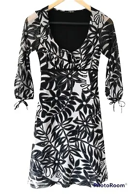Jane Norman 00s Milkmaid Dress - Size 8 - Black Tie Bust Floral Mesh Retro Y2K • £18.95