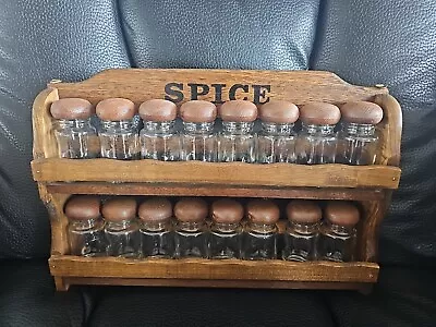 Vintage Spice Rack 2 Tier Wood Wall Herb  16 Glass Jars Japan Bottles • $39.99