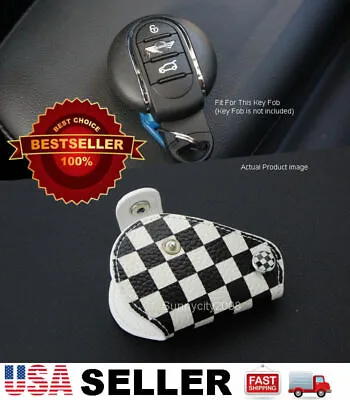 Black Checkered Leather Holder Case Chain Cover For 14-16 Cooper Remote Key Fob • $13.50