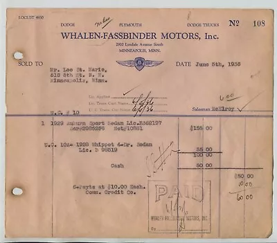  1920's Willys Knight 4 Door Sedan 1936 Car Dealer Invoice Minneapolis  • $24.99