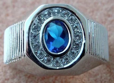 2.5 Carat Oval Blue Sapphire Simulated Mens Ring Platinum Overlay Size 13 S1 • $19.36