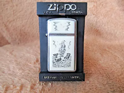 Vintage / Rare  Moby Dick  Scrimshaw Slim Zippo Lighter Dated 1989 - Cased • £20