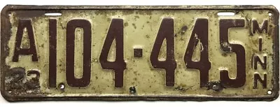 *99 CENT SALE*  1923 Minnesota License Plate #A104-445 No Reserve • $1.75