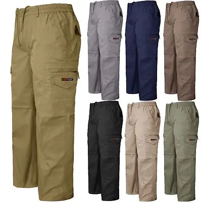 Mens Cargo Combat Elasticated Waist Trousers Work Zip Pocket Bottoms Rugby Pants • £13.99