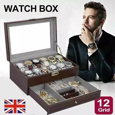£22.97 • Buy 12 Grids Watch Jewelry Display Box Leather Glass Mens Gift Storage Case Storage