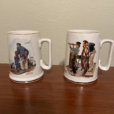 Set Of 2 Vintage Norman Rockwell Coffee Cups Mugs Looking Out To Sea River Pilot • $8