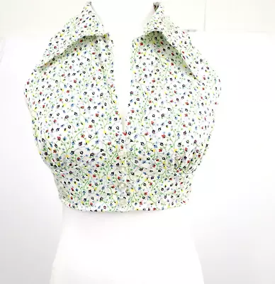 Vintage 70s Jantzen White Floral Halter Crop Top  Pointy Dagger Collar Boho  L • $29.99