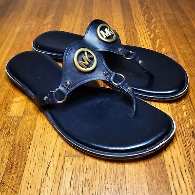 Size 9 Black Michael Kors Thong Flip Flop Sandals Gold Logo Studded • $15