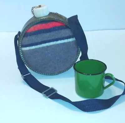 Vintage Wool And Galvanized 2 Quart Canteen With Strap And Enamel Cup Combo PKG. • $25