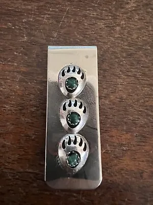 Native Amerivan Navajo Money Clip Indian Triple Bear Paw Green Malachite Zuni #A • $24.99