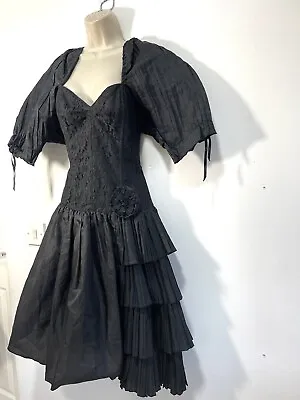 Black Dress 10 Puff Sleeve Taffeta 80s Ra Ra Party Disco • £40