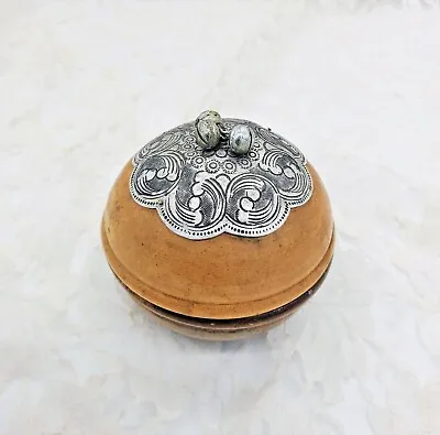 Vintage Round Wooden Trinket Box W/ Engraved Silver Top 3 Bell Lid Embellishment • $17.59