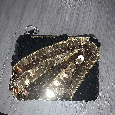 Black/Gold Sequined Zippered Wallet/Coin Purse  4.5 X 3.5 Inches • $4