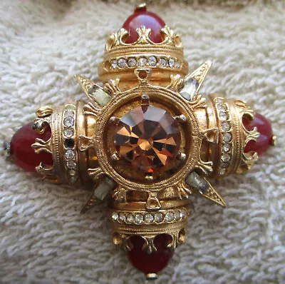 Benedikt - Maltese Cross Pin / Pendant- Goldtone Amber & Clear Stones • $88.95