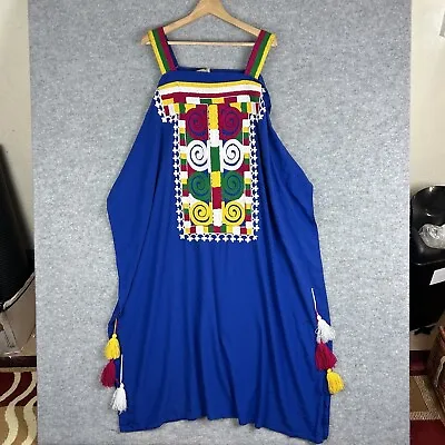 Genuine Vintage Egyptian Cotton Dress Womens Size L-XXL Blue Embroidered Kaftan • £10