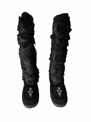 Manitobah Mukluks Tall Wrap Boots Size Womens 11 Mens 9 Black Faux Fur Suede • $199