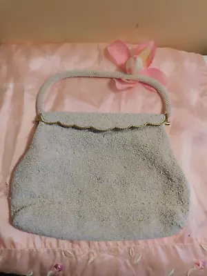 $5 • Buy VINTAGE 1950's Seed Glass Beaded Evening Bag White Clutch Purse