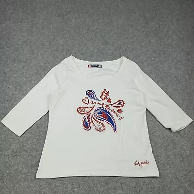 Desigual Womens Shirt Size XXL White Cotton Jersey Paisley Embroidered Top 2XL • $43.04