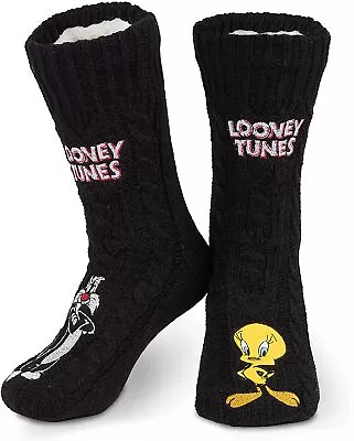 Looney Tunes Slipper Socks For Ladies Black Funny Sylvester & Tweety Socks • £10.49