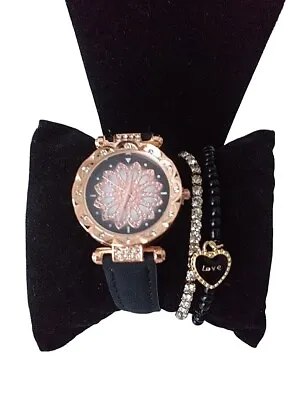 Watch And Bracelet Set Ladies Women Girls Fashion Leather Strap Wristwatch Gift • £4.99