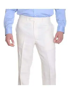 Crespi Classic Fit Solid Off-White Flat Front Linen Casual Pants • $19.50