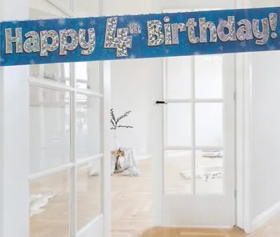 Happy 4th Birthday Blue Silver Party Wall/Door Banner. 4th Birthday Decorations • £2.65