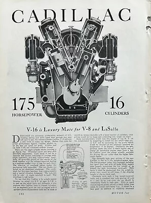 1930 Report Cadillac 452 Cubic Inch V-16 175 HP Engine Pix Specs Info • $15.95