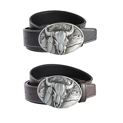 Western Cowboy Leather Belt Metal Buckle Causal Waist Strap Men's PU Leather • £13.84