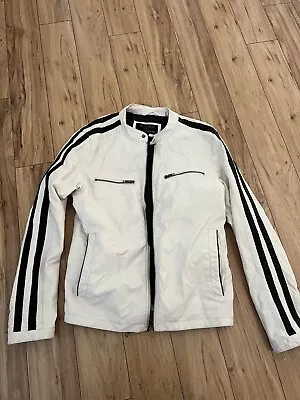 Wilsons Faux Leather Jacket White Black Striped Motorcycle Racing Moto Medium • $27.90