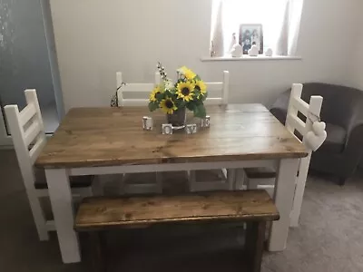 Farmhouse Style Rustic Dining Table 4 Chunky Chairs And A Bench • £595