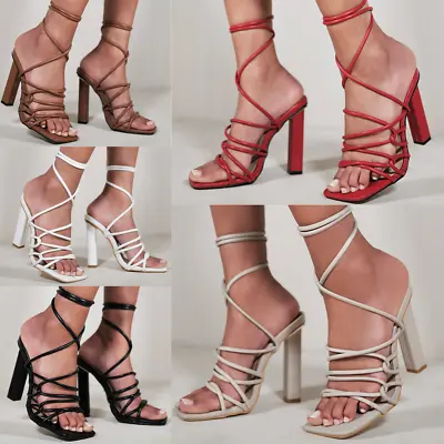 £12.99 • Buy Womens High Heel Sandals Strappy Square Toe Wedding Party Lace Up Block Heels