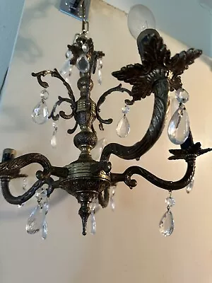 Antique Vintage Heavy Brass 5-light With Crystals Chandelier French Rococo Style • $250