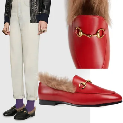 $759 • Buy Gucci Shoes Jordaan Horsebit Shearling Fur Red Leather Loafers $1,100 37.5 7.5